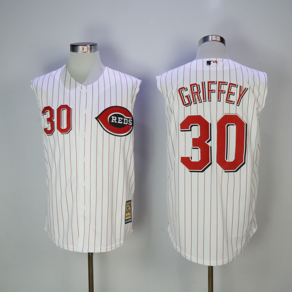 Men MLB Cincinnati Reds #30 Griffey white red strips jerseys